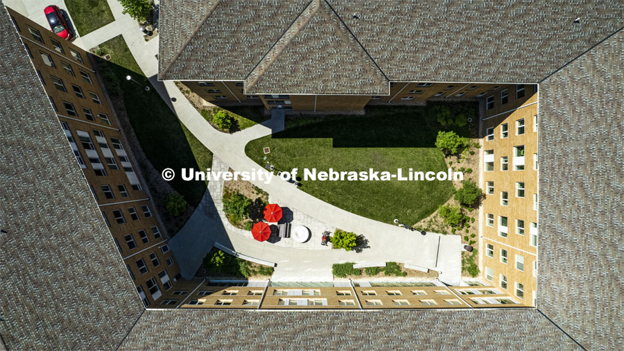 Aerial view of the Massengale Residential Center on East Campus. May 27, 2022. Photo by Craig Chandler / University Communication.
